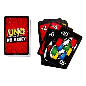 Mattel Games UNO Show ‘em No Mercy Card Game in Storage & Travel Tin for Kids, Adults & Family Night with Extra Cards, Special Rules & Tougher Penalties (Amazon Exclusive)