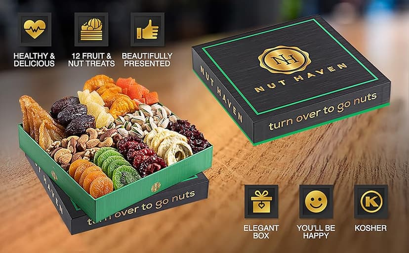 Holiday Christmas Dried Fruit & Nuts Gift Basket - Fresh Dried Fruit & Nuts Gift Basket - Assorted Food Gift Box for Christmas, Holiday, Family, Sympathy, Men & Women.