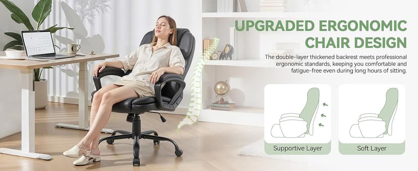 Ergonomic Office Chair with High Back, Comfy Desk Chair, Adjustable Executive Office Chair for Home Office, Big and Tall Computer Chair Heavy Duty, 360° Swivel, Faux Leather Black
