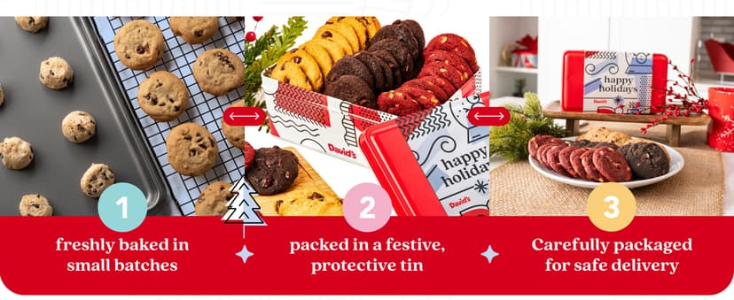 David's Cookies Happy Holidays Mini Cookies in Sweet Sampler Tin - Assorted Mini Christmas Cookies with Chocolate & White Chocolate Chip and Red Velvet - Gourmet Cookie Gift Basket for Christmas 14oz