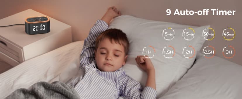 Reacher Digital Alarm Clock & White Noise Sound Machine, 21 Soothing Sounds, 7 Wake Up Sounds, 8 Night Lights, 32-Level Volume, 9 Sleep Timer, Memory Function for Adult, Kid, Bedside, Bedroom