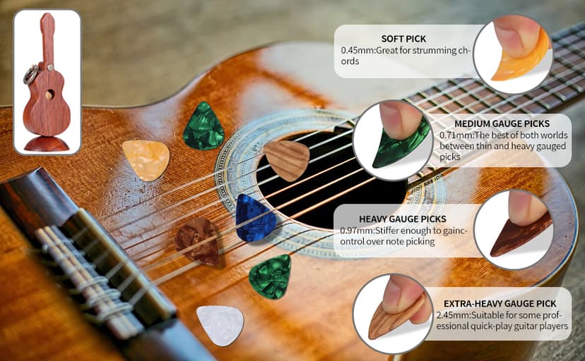 CustomGuitarPlectrumwithBox HomeWoodenDecorativeOrnamentGuitarMusicGiftCarMiniPendantGuitarAccessories Musician'sGuitarPlectrumGiftChristmasUniqueGift (Wood color (flower pear tree))