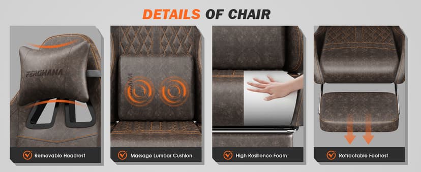 Ferghana Vintage PU Leather Gaming Chair, Ergonomic Gamer Chair with Massage, High Back Computer Office Chair with Footrest for Adults, Racing Style Reclining Video Game Chair (Brown)