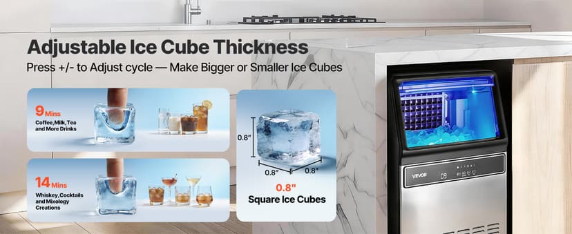 VEVOR Commercial Ice Maker Machine, 120 lbs/24H Ice Production, 33 lbs Storage Bin, 45 Cubes per Cycle, Stainless Steel Under Counter & Freestanding Ice Maker with LED Display, for Home Bar Restaurant