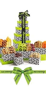 NUT CRAVINGS - Diwali Sweets Hamper Dried Fruit & Mixed Nuts Gift Basket in Black Tower + Ribbon (12 Assortments) Food Arrangement, Healthy Snack Care Package, Food Assortments