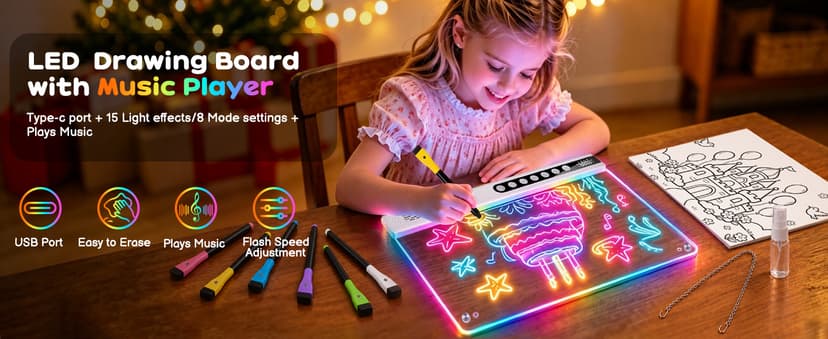 8 Colors, 8 Modes, 15 Light Effects with Music & Blue-Tooth, Doodle Neon Glow Pad Toys Gift for Girls/Boys/Kids 16" Rechargeable LED Drawing Board, Kids Birthday Christmas Gift B0GT9HHRJJ