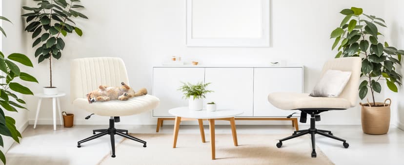 Orange Factory Criss Cross Chair Wheels Wide Cross Legged Office Desk Vanity Dual Base Comfy Fabric Armless Adjustable Swivel for Home Computer Task (Beige Dual Base, Fabric)