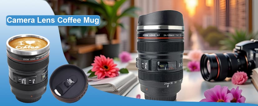Camera Lens Coffee Mug with Slider Lid and Spoon– Realistic DSLR Thermos Cup, Novelty Gift for Photographers, Men & Women