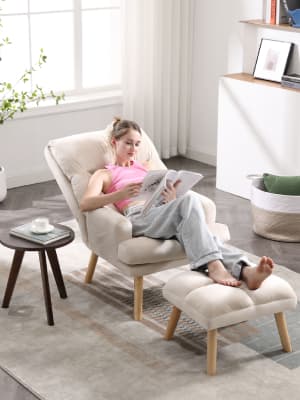 INZOY Accent Chairs with Ottoman Set, Modern Velvet Armchair with Adjustable Backrest, Comfy Lounge Chair for Living Room Bedroom, Beige