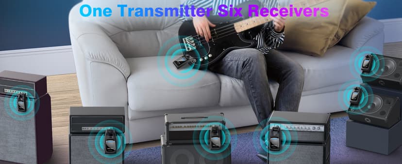 Wireless Guitar System 2.4 GHz with 6 Channels Rechargeable Audio Wireless Guitar Transmitter Receiver for Bass Electric Instruments