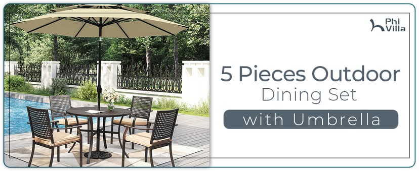 PHI VILLA 5 Pieces Outdoor Dining Set for 4 with Umbrella, 42" Large Round Metal Steel Table & Stackable Iron Chairs with Cushions & 10ft Beige Umbrella, Modern Furniture for Patio, Deck, Yard, Porch
