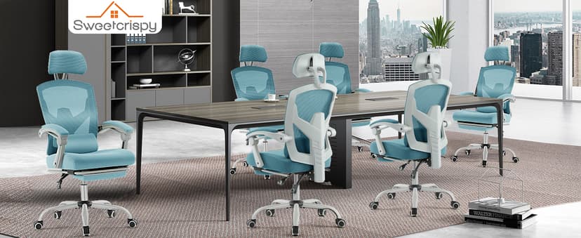 Sweetcrispy Office Computer Desk Chair with Footrest,Ergonomic High-Back Mesh Rolling Work Swivel Chairs with Wheels,Comfortable Lumbar Support,Comfy Arms for Home,Bedroom,Study,Student,Light Blue