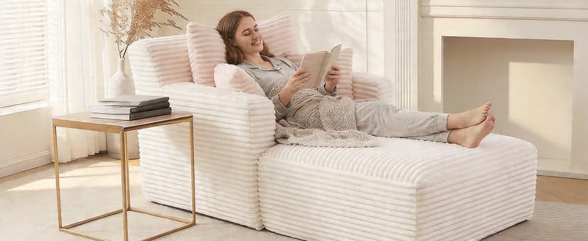 65.4" Chaise Lounge Chair Indoor, Corduroy Oversized Boneless Lounge Chair Single Sofa Bed with 3 Pillows, Deep Seat Comfy Upholstered Reading Chair for Living Room, Bedroom, Apartment Beige