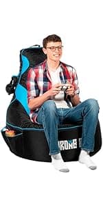 Throne Boss Gaming Bean Bag Chair Cover for Kids with High Back, Blue – Gamer Chair for Kids with 2 x Large Side Pockets, Headphone Hanger, Easy to Clean Fabric, Requires 200 Liters Polystyrene Beans