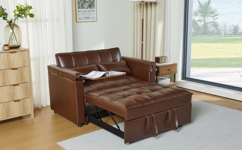 weselon Leather Convertible 3 in 1 Sleeper Sofa Bed, Small Upholstered Loveseat Pull Out Couch, Multi-Functional Sleeper Futon with Hidden Table and Adjustable Backrest for Living Room (Brown)