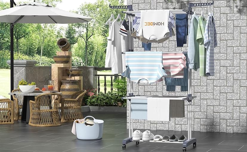 HOMIDEC Clothes Drying Rack, Oversized 4-Tier(67.7" High) Foldable Stainless Steel Drying Rack Clothing, Movable Drying Rack with 4 castors, 24 Drying Poles and 14 Hooks for Bed Linen, Clothing, Grey