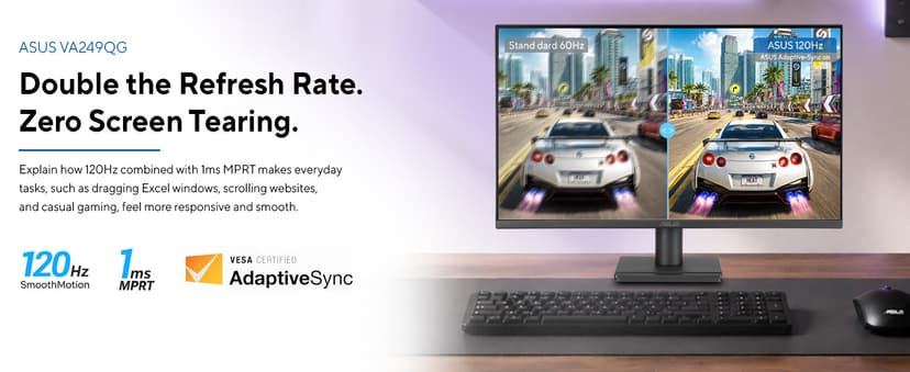 ASUS 24” 1080P Computer Monitor (VA249QG) – IPS, Full HD, 120Hz, 1ms, Adaptive-Sync, 99% sRGB, Speakers, HDMI, DisplayPort, VGA, Low Blue Light, Flicker-Free, VESA Mountable, 3yr Warranty