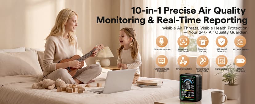 Air Quality Monitor Indoor, 10 in 1 Portable Smartair Quality Tester for CO2 | CO | TVOC | HCHO | Temp | AQI | PM0.3-1 Detection Suitable for Home, Cars, Plants, Pets and Hotels -Black