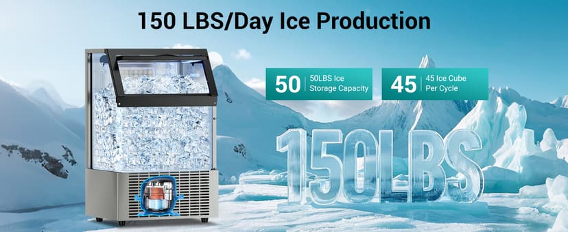 ETL Approval Commercial Ice Maker Machine 150 Lbs/24H Stainless Steel, with 50Lbs Bin, Under Counter or Freestanding Ice Maker, 55 Ice Cubes in 8-15 Minutes for Home & Commercial