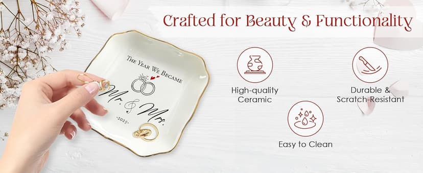 OASSIE Wedding Gifts for Couple 2025 - Mr & Mrs 4"x4" Ceramic Jewelry Dish Tray - Bridal Shower Gifts for Women, Marriage Gift Ideas, Anniversary Engagement Gifts for Couples, Jewelry Holder Dish