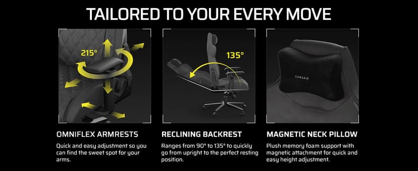 Corsair TC500 Luxe Gaming Chair – Premium Breathable Fabric – Wide Seat – Five-Way Adjustable Armrests – Adjustable Built-in Lumbar Support – 90-135 Degree Recline – Shadow