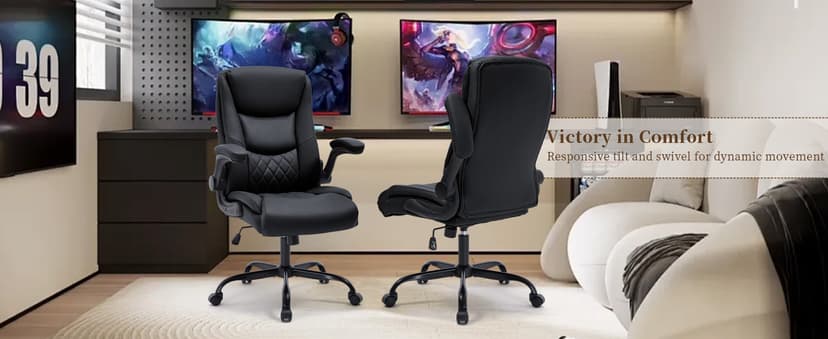 Office Chair, Executive Leather Office Chair with Lumbar Support & Flip-up Armrests, Ergonomic Adjustable High Back Swivel Chair with Rocking Function (Black)