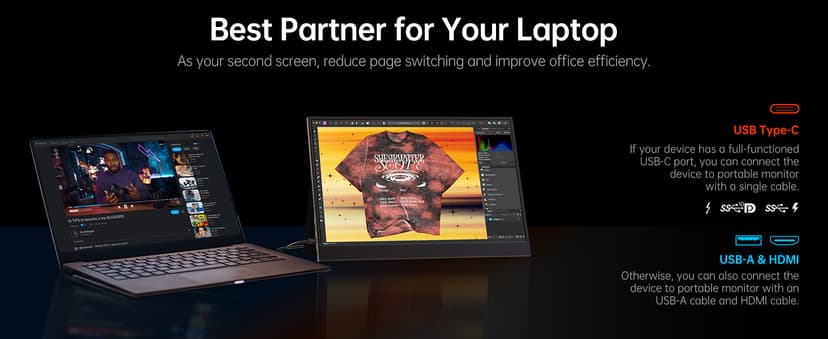 VILVA Portable-Monitor-for-Laptop - 15.6'' 1080P FHD IPS Display USB-C HDMI Portable Monitor for Laptop with Cover and Speakers External Monitor for Laptop/PC/Mac/Phone/Xbox Switch/PS4/