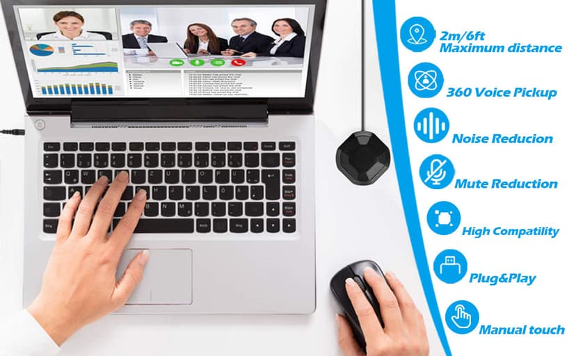360° Conference USB Microphone for Desktop No Speaker, USB Computer PC Mic, Noise-Canceling Technology, Recording, Skype, Online Class, Court Reporter, Plug & Play, Compatible with Windows & MacOS