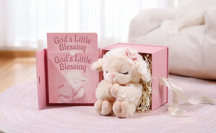 Baptism Gifts for Girl, Catholic Christening, Baby Dedication & Baptismal Gift Set for Baby Girls & Kids - with 9" Musical Praying Lamb Plush Toy & God's Little Blessing Book in Keepsake Box