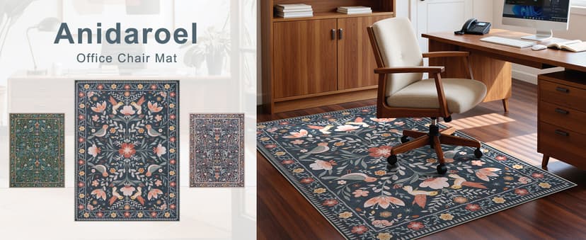 Anidaroel 48"x60" Office Chair Mat for Hardwood Floor/Tile, Black Floor Mat for Office Chairs, Anti-Slip Floral Under Desk Rug for Rolling Chairs, Bird Bug Low Pile Desk Chair Mats for Hardwood