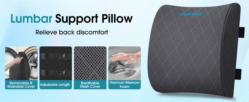 Lumbar Support Pillow for Office Chair Back Support Lumbar Pillow for Car, Gaming, Office Chair - Improve Sitting Posture & Back Pain Relief, Memory Foam, Adjustable Straps, Grey