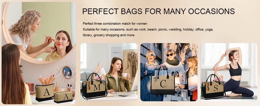YOOLIFE Christmas Gifts for Women - Initial Jute Tote Bag & 2 Makeup Bags Personalized Gifts for Women Teacher Mom Friend