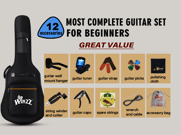 Winzz Acoustic-Electric Guitar 4/4 Full Size for Adults Beginners and Teens, 6 Steel-String Acustica Guitarra Starter Kit, 4-Band Equaliser, 41" Dreadnought Cutaway, Glossy Black, Right Hand