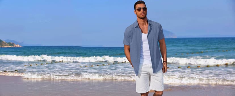 COOFANDY Men's Linen Shirts Short Sleeve Casual Shirts Button Down Shirt for Men Beach Summer Wedding Shirt