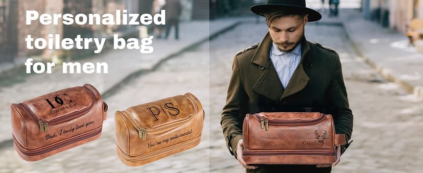 Easycosy Personalized Toiletry Bag for Men, Engraved with Pattern & Text, PU Leather Men's Toiletry Bag for Traveling, Father's Day Memories Gifts for Him Men Boyfriend Husband