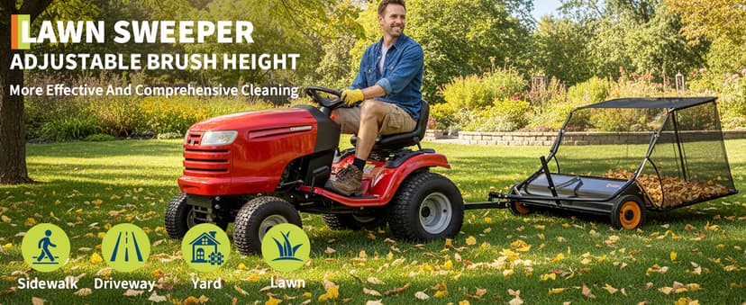 44 Inch Tow Behind Lawn Sweeper, 26 cu. ft. Large Pull Behind Grass Sweeper Heavy Duty Leaf & Grass Collector with Dumping Rope Design, Adjustable Sweeping Height for Yard and Grass Cleanup Tool