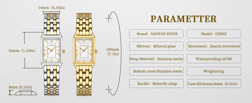 GAOFAN HOUR Gold Watches for Women with Vintage Rectangular Case,White Roman Dial,Stainless Steel Band,Adjustment Tool Included,Water Resistant