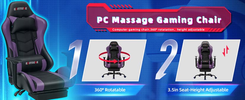 ECOTOUGE PC Massage Gaming Chair with Footrest Ergonomic Office Desk Chair Racing PU Leather Recliner Swivel Rocker with Headrest and Lumbar Pillow, Violet