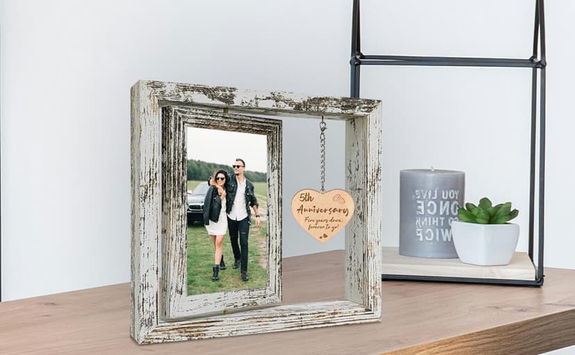 5 Year Anniversary Rotating Picture Frame for Her, Wood 5th Wedding Anniversary Photo Frame gifts for Wife Husband Him Couple, Display 2 6x4