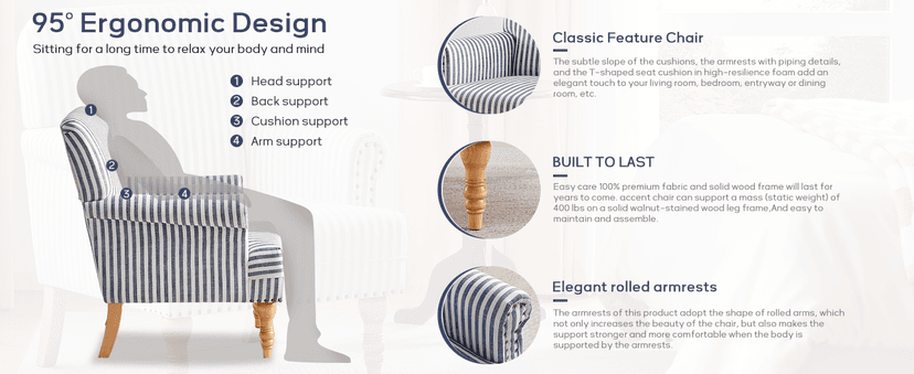 HUIMO Linen Fabric Accent Chair, Mid-Century Modern Armchair with Solid Wood Legs, Single Sofa Chair,Upholstered Reading Club Chair (1, Dark Blue and White Stripe)