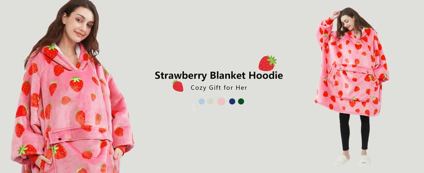 KFUBUO Wearable Blanket Hoodie for Adults Sherpa All Patterns Oversized Sweatshirt Blanket with Pockets Cute Birthday Gifts for Sister Strawberry