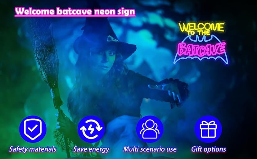 Bat Cave Neon Sign - Wall Decor, Halloween Deocr, Room, Funny Home Decor, Neon Light, LED Sign, Hanging, Bedroom, Dorm, Man Cave, Christmas Supply (USB)