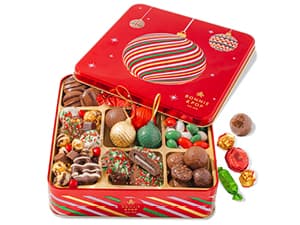 Bonnie and Pop's Holiday Tin- with Assorted Christmas Chocolate, Nuts, Bark, Truffles – Festive, Corporate, Family, Gift Basket Idea for Men and Women