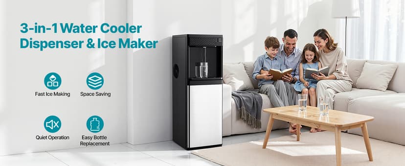 VEVOR Water Dispenser with Ice Maker, 3-in-1 Floor-Standing Water Dispenser, 33 LBS/24H, 9 Cubes/7 Min Fast Ice Making with 1.3 LBS Storage, Bullet Ice-Cubes & Cold-Water, for Home, Kitchen, Party
