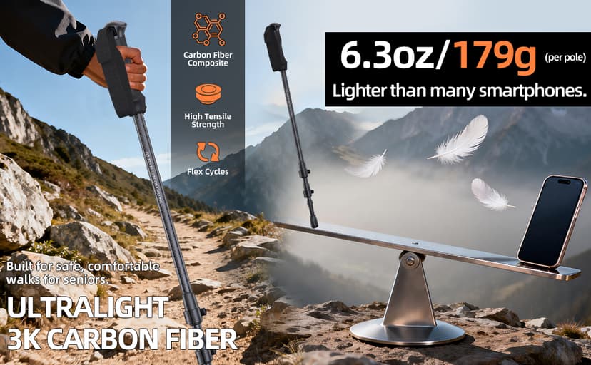 3K Carbon Fiber Trekking Poles - Collapsible, Lightweight Yet Sturdy Hiking Poles with EVA Grip, for Men & Women Hikers