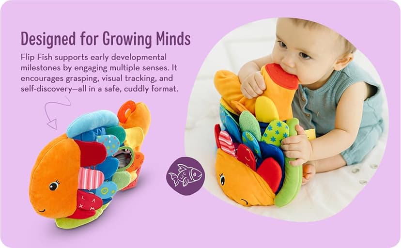 Melissa & Doug K’s Kids, Flip Fish Stuffed Animal, Soft Baby Book, Multi-Textured Squeaking & Crinkling Infant Sensory Toys for Babies with Baby Mirror, Tummy Time Toys for Infants Ages 0–9 Months