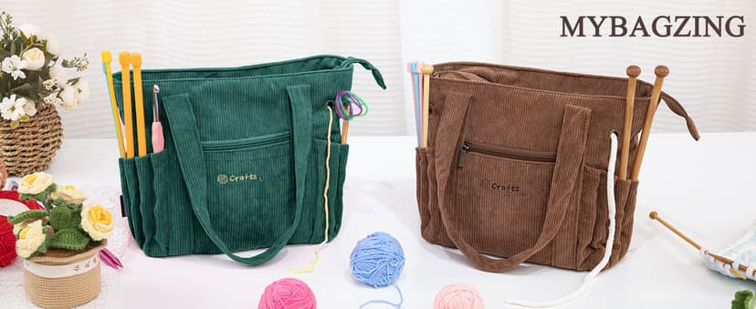 Crochet Bag and Tote - Corduroy Yarn Bag - Yarn Holder for Crocheting - Crochet Storage Bag for Crochet Hooks, Crochet Accessories, Knitting Bag for Crochet Lovers, Mother's Day Gift