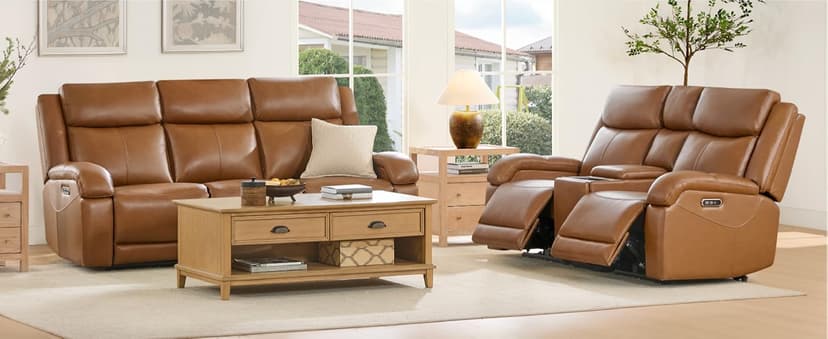 Watson & Whitely Genuine Leather Power Recliner Sofa, 3 Seater Wall Hugger Reclining Sofas with Power Headrest, USB & TypeC Ports, Electric Recliner Couch Set for Living Room, Saddle Brown