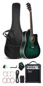 GLARRY Full Size 6 Strings Acoustic Electric Guitar Beginner Kit w/ 15W Amp, Cutaway 41 Inch Electric Acoustic Guitar w/Inbuilt Tuner, Bag, Strap, Picks, Strings, Basswood Guitarra, Distressed Black