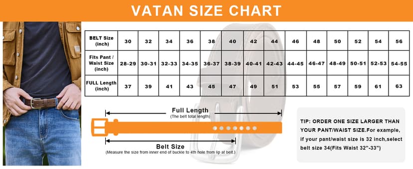 VATAN Men's Genuine Leather Casual Every Day Jeans Belts, Handmade Men Leather Belt with Gift Box